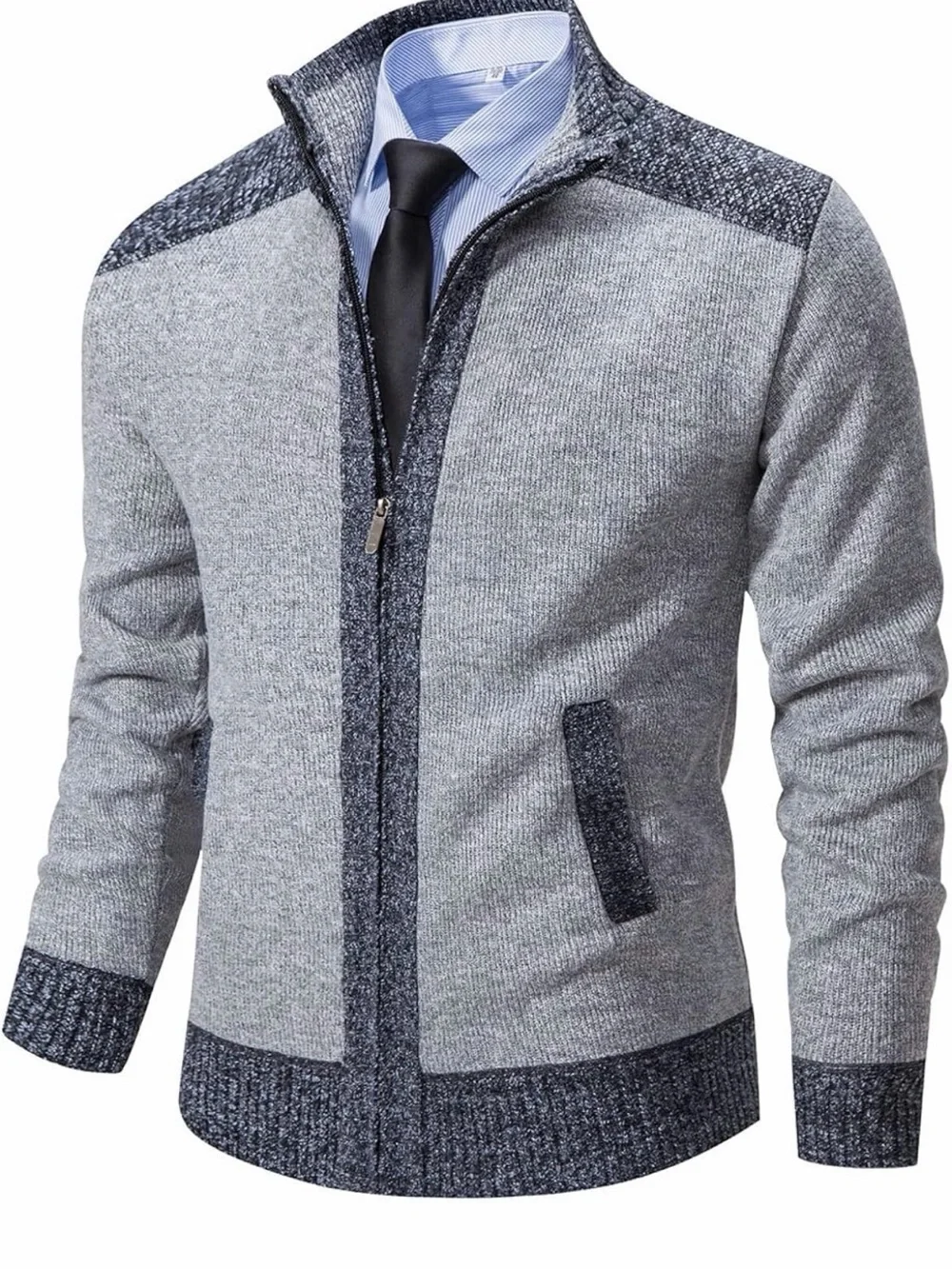 A453 Msmsse Men's Two-Tone Knitted Gray Zip Cardigan 2 pocket Sweater Jacket NWT